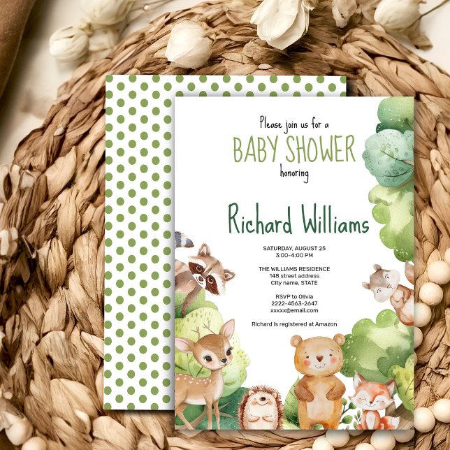 Grüne Waldtierbaby-Dusche Einladung (Cute watercolor forest animals baby shower invitation gender neutral, woodland green, bear, deer)