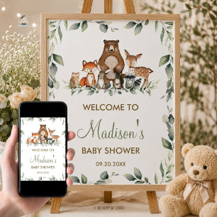 Grüne Waldtiere Baby Shower Willkommensschild Poster