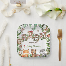 Grüne Waldtiere Rustic Boho Baby Shower Pappteller