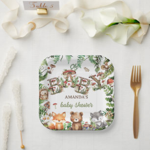 Grüne Waldtiere Rustic Boho Baby Shower Pappteller