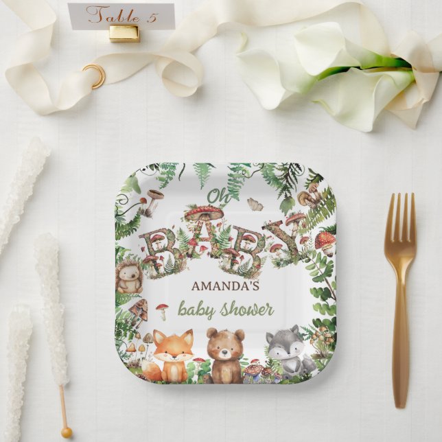 Grüne Waldtiere Rustic Boho Baby Shower Pappteller (Hochzeit)