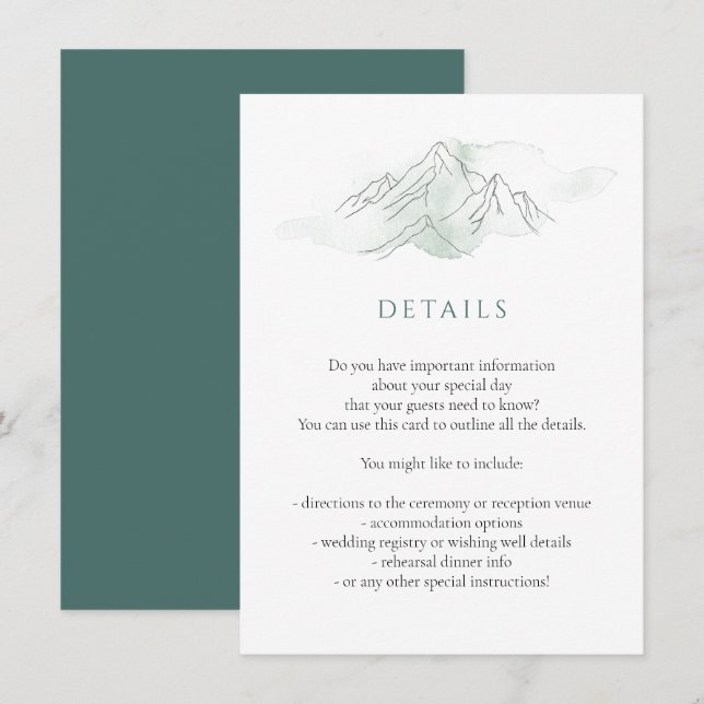 Grüne Wasserfarbe Bergwelt Hochzeiten Details Begleitkarte (Vorne/Hinten)