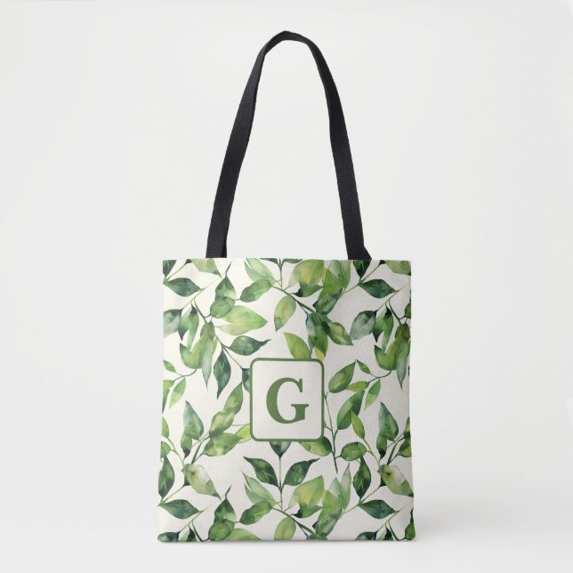Grüne Wasserfarbe Botanische Blätter Monogramm Tasche (Vorderseite)