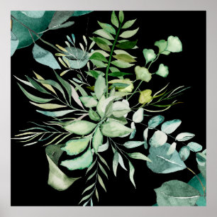 Grüne Wasserfarbe Botanische Blätter und Blumen Poster
