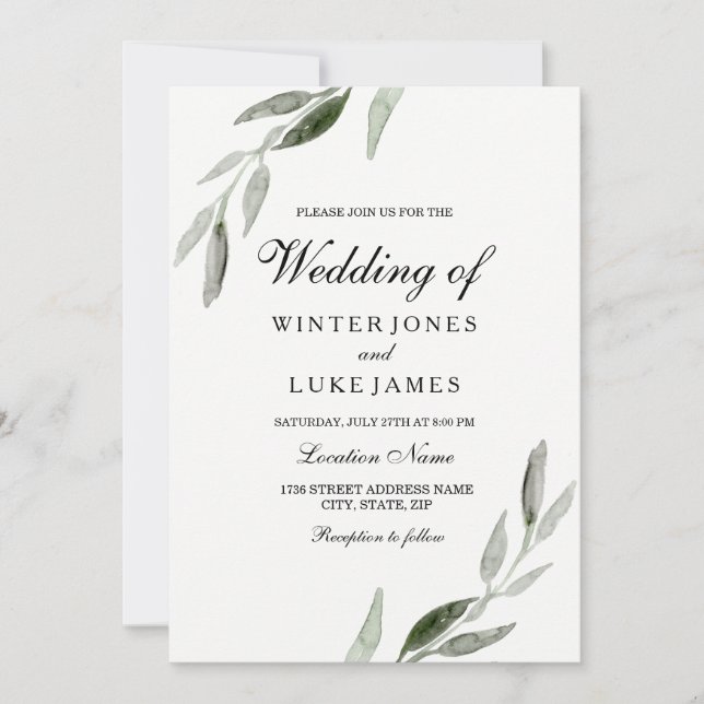 Grüne Wasserfarbe Leaf Moderne Matte Hochzeit Einladung (Vorderseite)