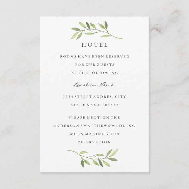 Grüne Wasserfarbe Leaf Wedding Hotel Unterkunft Begleitkarte (Vorderseite)