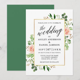 Grüne Wasserfarbe Rosa Rosen Hochzeit Kalligrafie Einladung