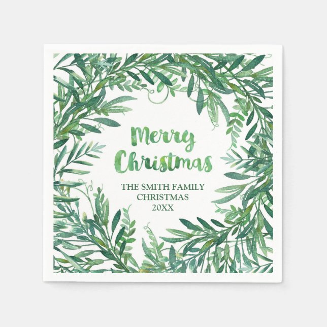 Grüne Wasserfarbe Tropische Blätter Weihnachten Na Serviette (Vorderseite)