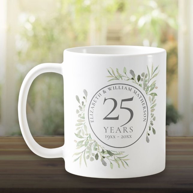 Grüne Wasserfarben 25. Hochzeitstag Kaffeetasse (Watercolor Greenery 25th Wedding Anniversary Coffee Mug)