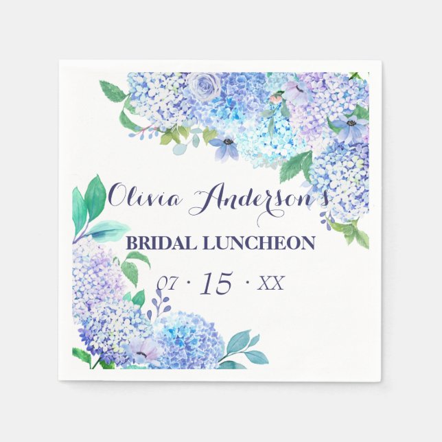 Grüne Wasserfarben Blue Hydrangea Bridal Luncheon Serviette (Vorderseite)