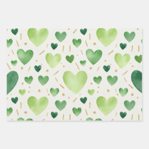 Grüne Wasserfarben-Herzen und goldener Glitter Geschenkpapier Set
