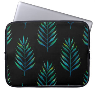 Grüne Wasserfarben-Palmblätter auf schwarzem Hinte Laptopschutzhülle