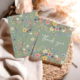 Grüne Wasserfarben-Schmetterling & Wildblume Dankeskarte