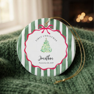Grüne Wasserfarben-Streifen Baby erstes Weihnachte Keramik Ornament