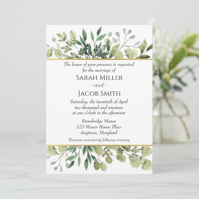 Grüne Wasserfarben und Botanische Hochzeit Gold Einladung (Stehend Vorderseite)