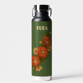 Grüne Wasserflasche mit roten Blumen Trinkflasche