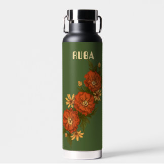 Grüne Wasserflasche mit roten Blumen Trinkflasche