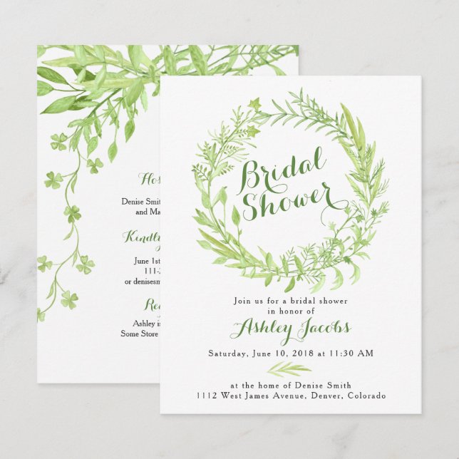 Grüne Watercolo Wreath Bridal Dusche Einladung (Vorne/Hinten)