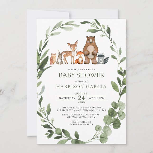 Grüne Watercolor Woodland Animals Kinderdusche Einladung (Vorderseite)