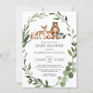 Grüne Watercolor Woodland Animals Kinderdusche Einladung