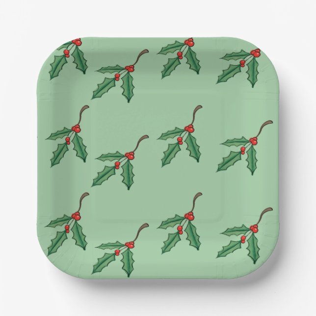 Grüne Weihnachts-Holly-Paper-Teller Pappteller (Vorderseite)