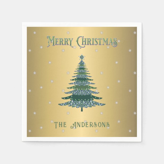 Grüne Weihnachtsbaume Individuelle Name Goldfolie Serviette (Vorderseite)