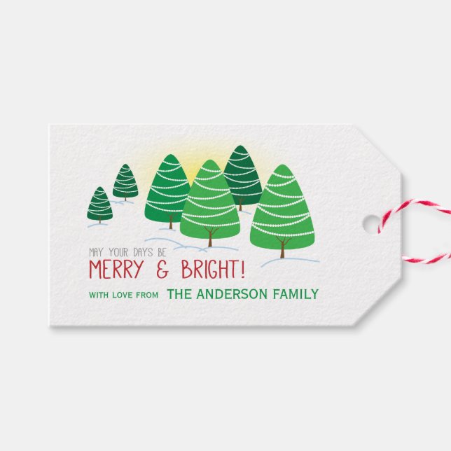 Grüne Weihnachtsbäume, Merry & Bright, personalisi Geschenkanhänger (Vorderseite (Horizontal))