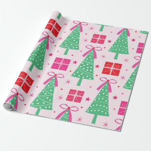 Grüne Weihnachtsbäume mit rosa Schleifen und Gesch Geschenkpapier
