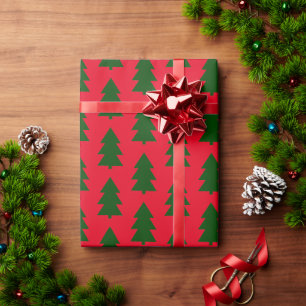 Grüne Weihnachtsbäume Rotes Wrackpapier Geschenkpapier