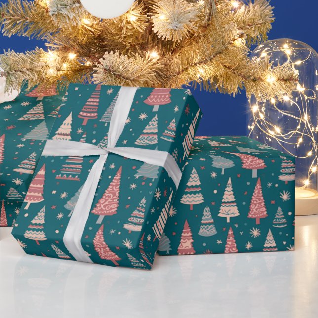 Grüne Weihnachtsbäume Schneeflocken Grüne Weihnach Geschenkpapier (Feiertage)