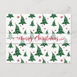 Grüne Weihnachtsbäume und rote Schneeflocken Muste Feiertagspostkarte