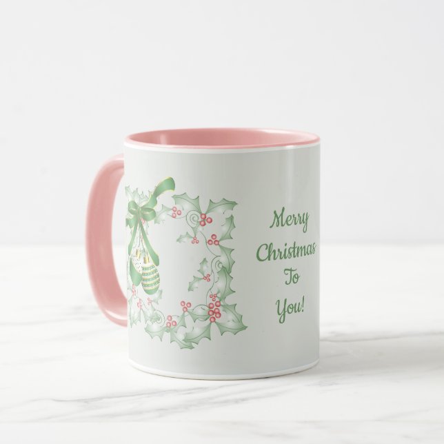 Grüne Weihnachtsbäume von Holly Light Pink Tasse (Vorderseite Links)