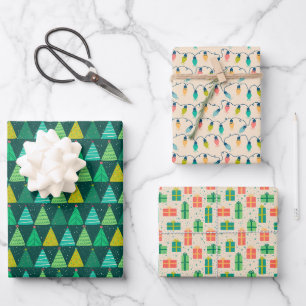 Grüne Weihnachtsbäume, Weihnachtsbeleuchtung und G Geschenkpapier Set