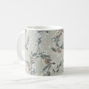 Grüne Weihnachtsbaumkränze Tannenzapfen Kaffeetasse