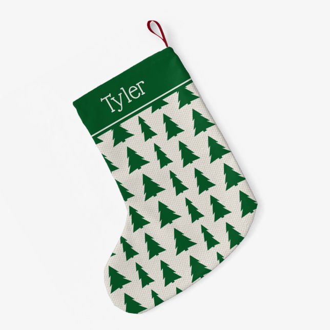 Grüne Weihnachtsbaummuster auf Beige Individuelle  Kleiner Weihnachtsstrumpf (Rückseite (Hängend))