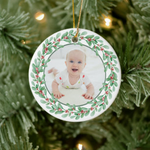Grüne Weihnachtsdekoration mit personalisiertem Fo Keramik Ornament