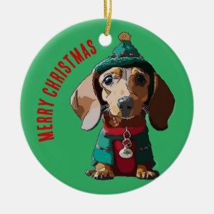 Grüne Weihnachtsfeier-Dackel Keramik Ornament