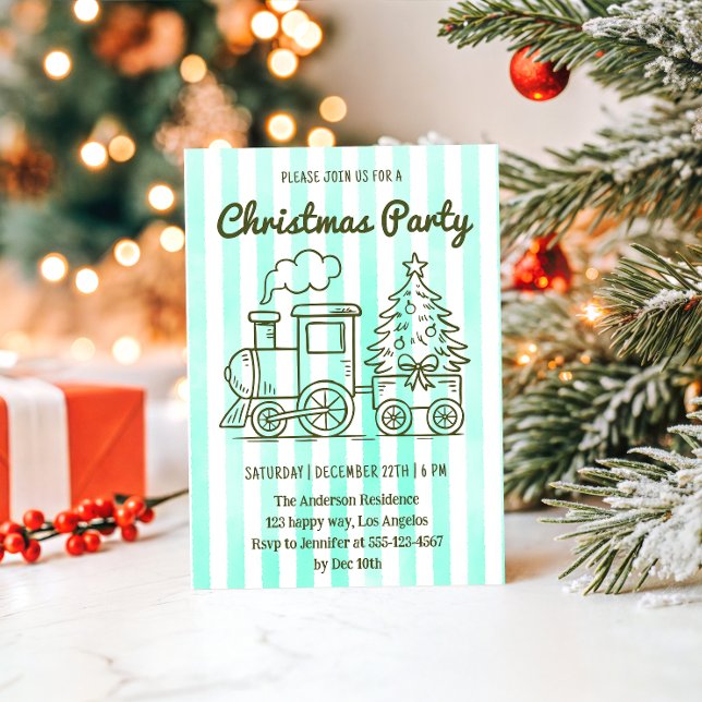 Grüne Weihnachtsfeier mit Zug & Baum       Einladung (Von Creator hochgeladen)