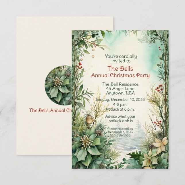Grüne Weihnachtsfeiertage Blume Jährliches Party Einladung (Vorne/Hinten)
