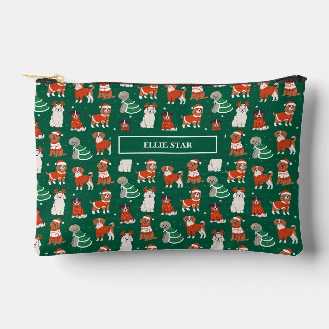 Grüne Weihnachtshunde Personalisiert Girl Cosmetic Zubehörtasche (Vorderseite)