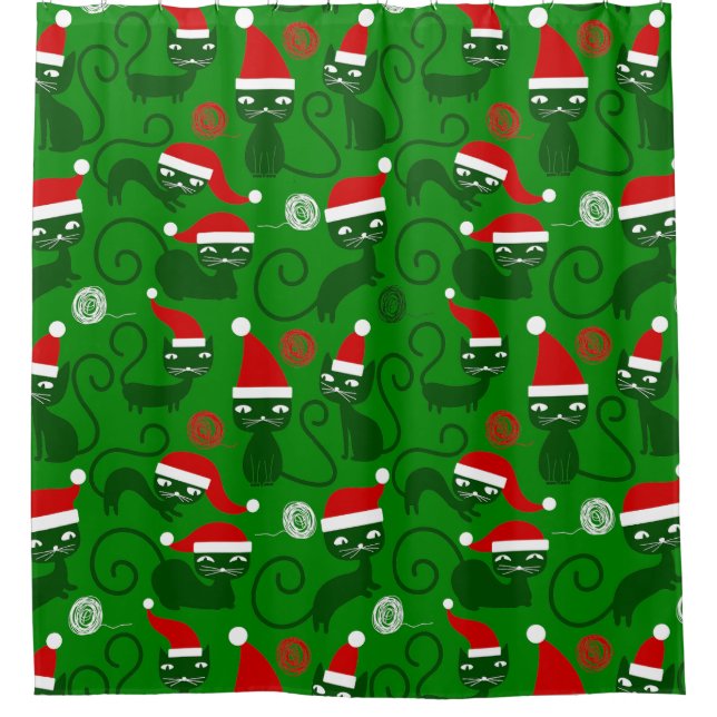 Grüne Weihnachtskatzen Duschvorhang (Vorderseite)