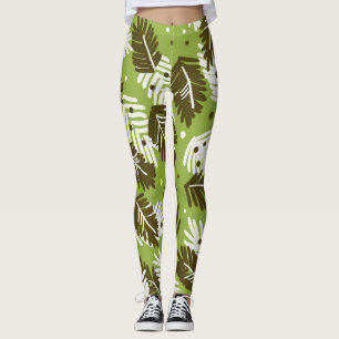 Grüne weiße Blätter: Nadelmuster Leggings