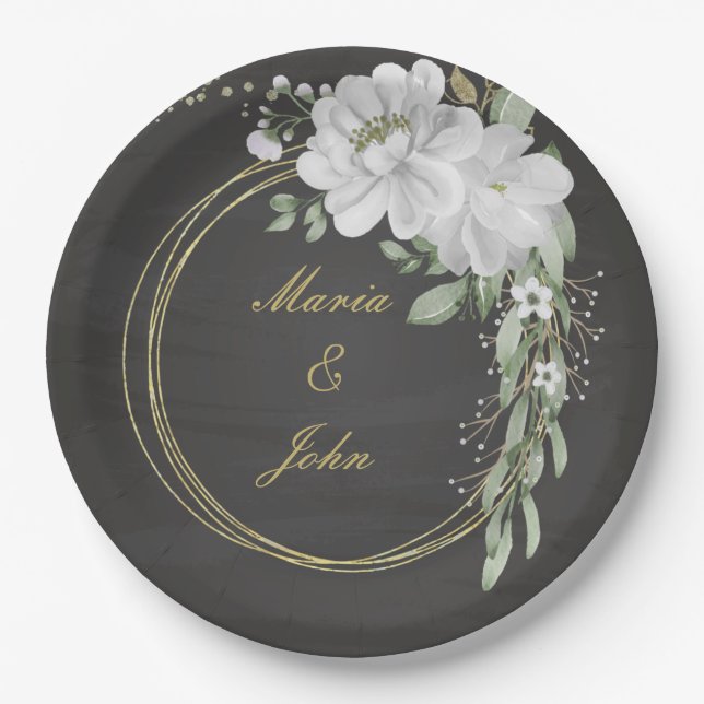 Grüne weiße Blume Blätter Goldkraut schwarz Pappteller (Vorderseite)