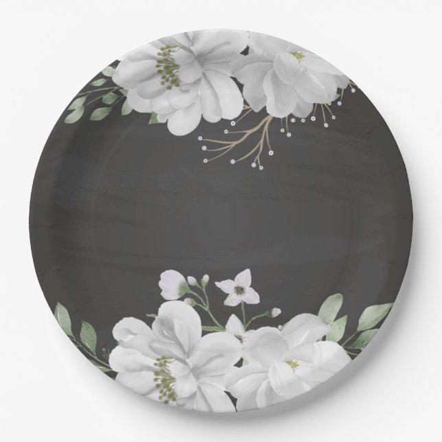 Grüne weiße Blume Blätter schwarz Pappteller (Vorderseite)