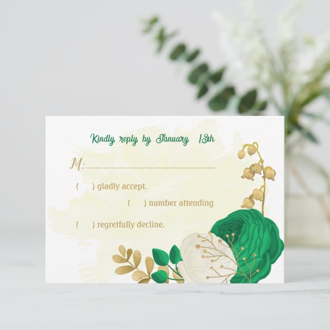 Grüne weiße Blume, botanische Hochzeit RSVP (Stehend Vorderseite)