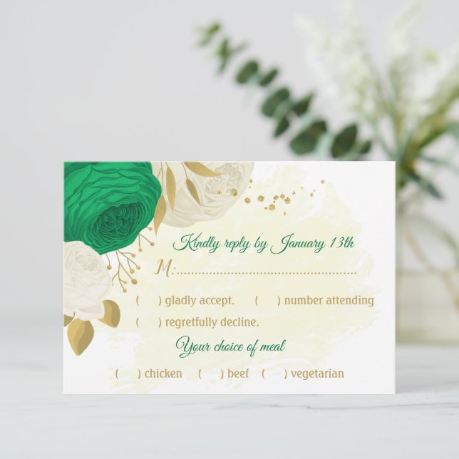 Grüne weiße Blume goldene botanische Mahlzeit RSVP Karte (Stehend Vorderseite)