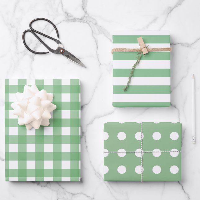 Grüne, weiße Gingham Dots Stripte Matching Geschenkpapier Set (Vorderseite)