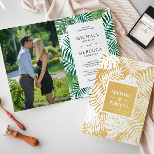 Grüne weiße goldene Palmwedel-Hochzeitseinladung Folienkarte
