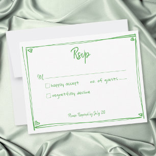 Grüne weiße handgezeichnete Herz Whimsical Hochzei RSVP Karte
