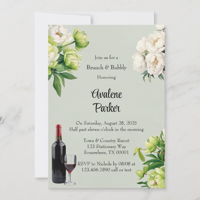 Grüne weiße Peony Elegante Brunch & Bubbly Einladung (Vorderseite)